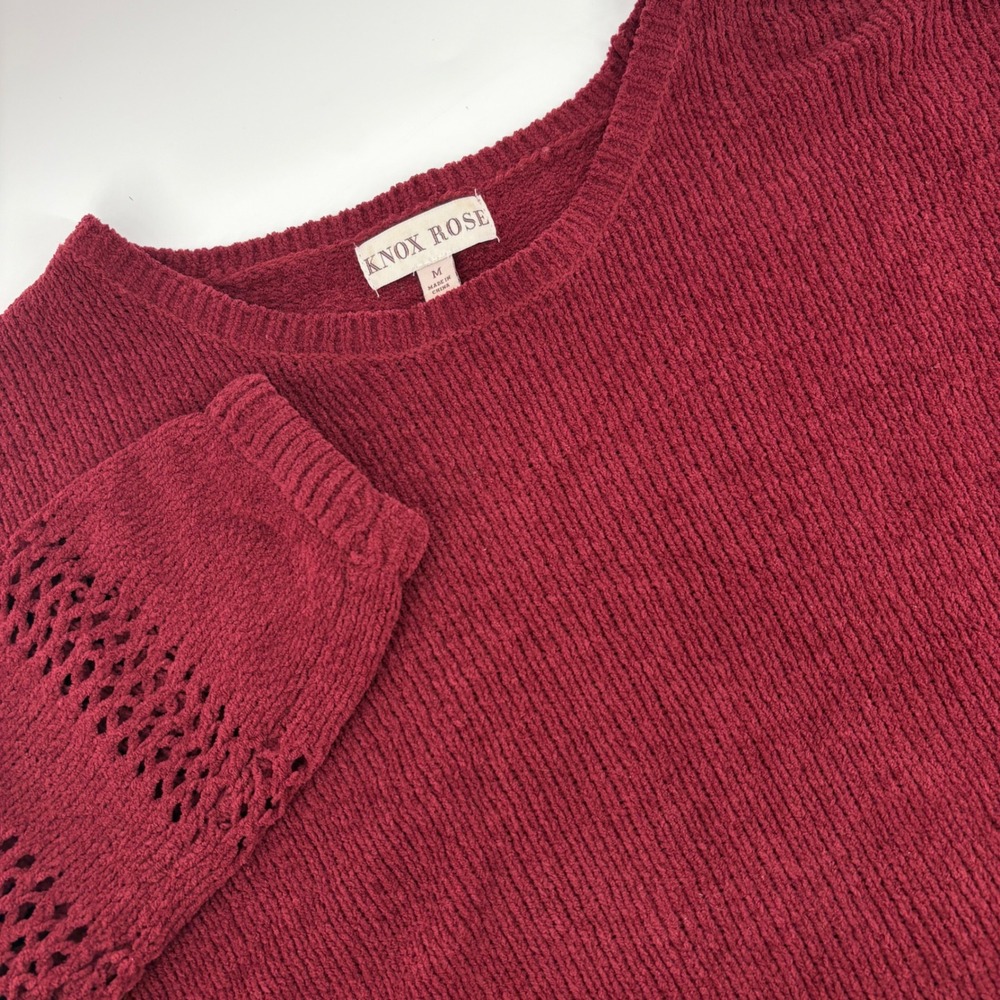 Knox Rose Women M Burgundy Marled Open Knit Crew Neck Sweater Sot Comfy